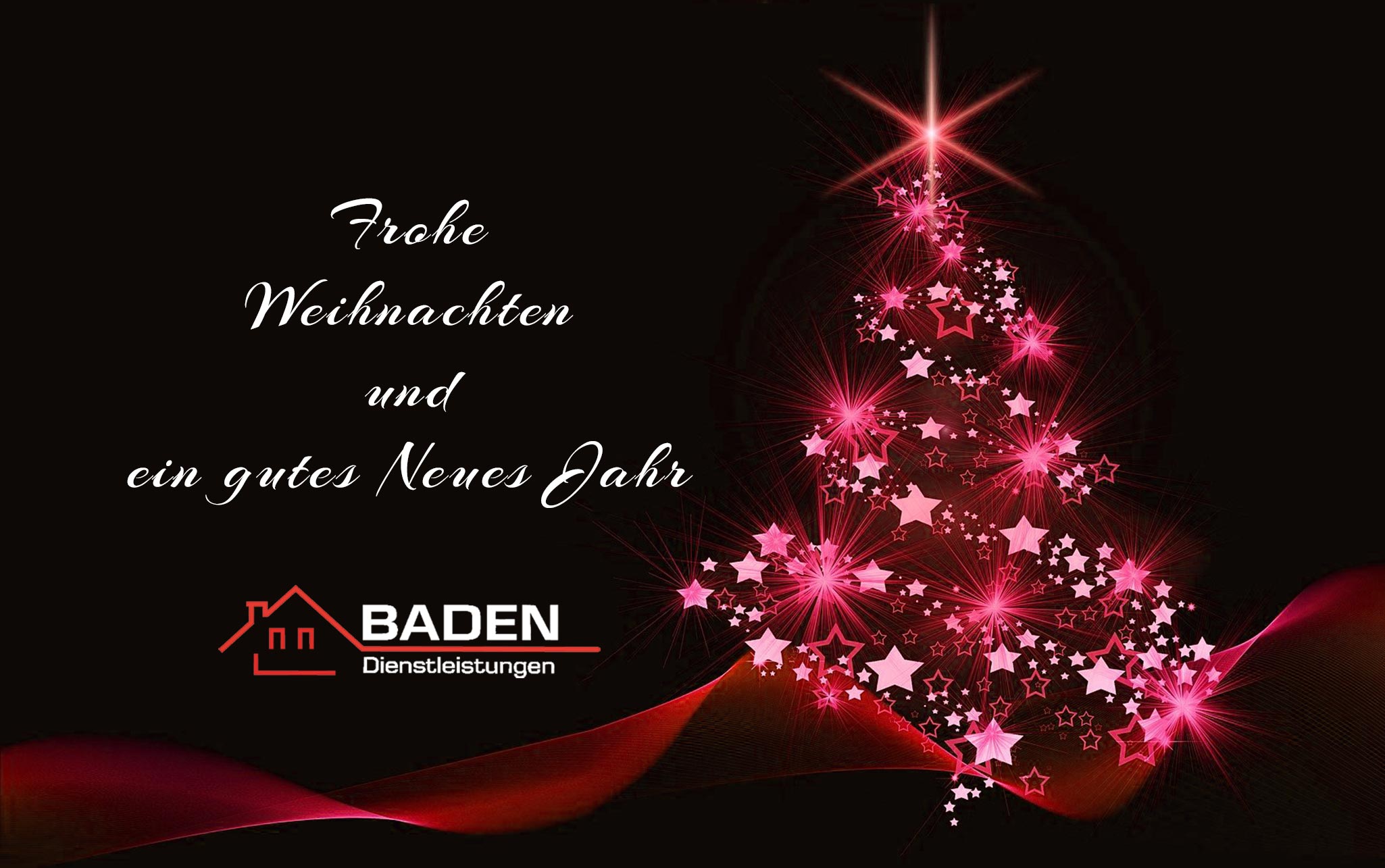 Weihnachtskarte mit Weihnachtsbaum, Weihnachtsgrüße und Logo von Baden Dienstleistungen