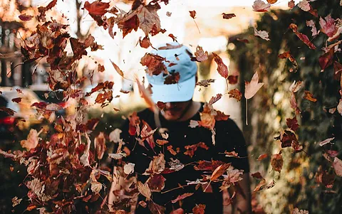 Mann in schwarzem T-Shirt und blauer Kappe steht inmitten von herabfallenden Herbstblättern.