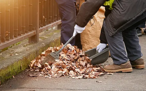 Person in Arbeitskleidung schaufelt Laub mit einer Schaufel in einen Behälter, während ein anderer Arbeiter im Hintergrund sichtbar ist.