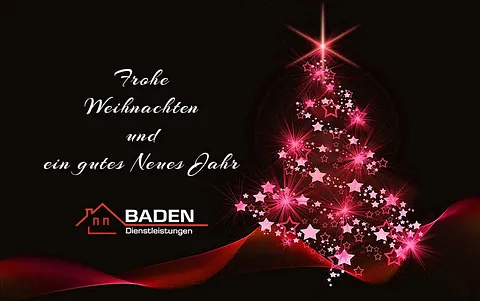 Weihnachtskarte mit einem leuchtenden Weihnachtsbaum und dem Text 'Frohe Weihnachten und ein gutes Neues Jahr'. Logo von Baden Dienstleistungen.